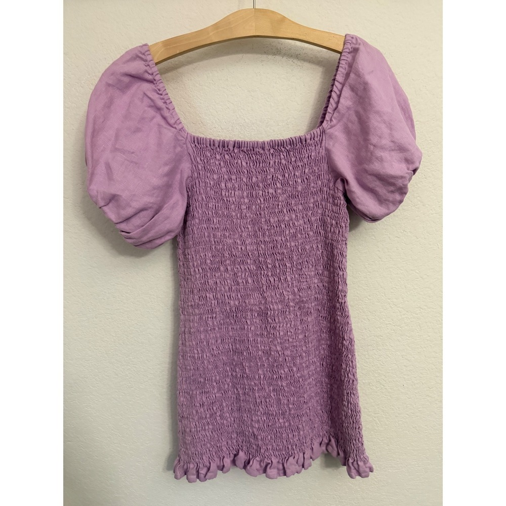Faithfull The Brand Lavender Linen Smocked Puff Sleeve Mini Dress Size 6 Petite